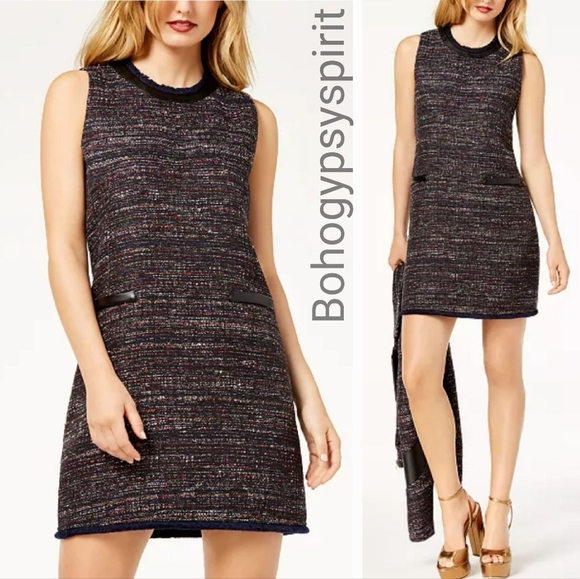 NWT $149 Faux Leather Trim Tweed Sheath Shift Dress - Picture 3 of 17